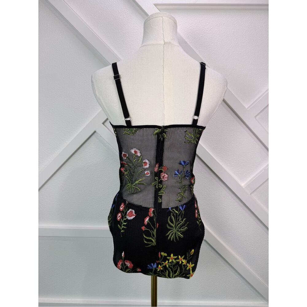 Allen Schwartz Embroidered Floral Mesh Corset Bodysuit Black Size 4 Sheer - Picture 5 of 9